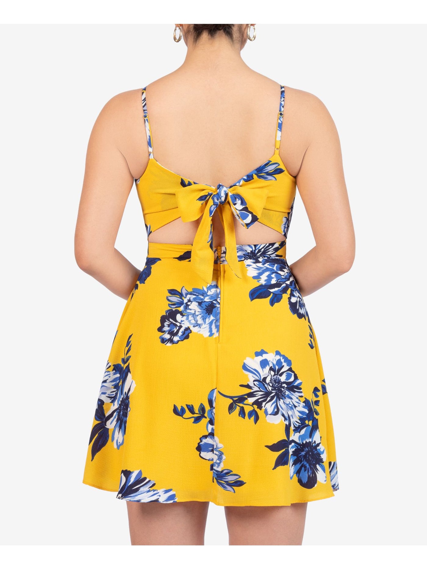 B DARLIN Womens Yellow Zippered Floral Spaghetti Strap Square Neck Mini Fit + Flare Dress 13\14