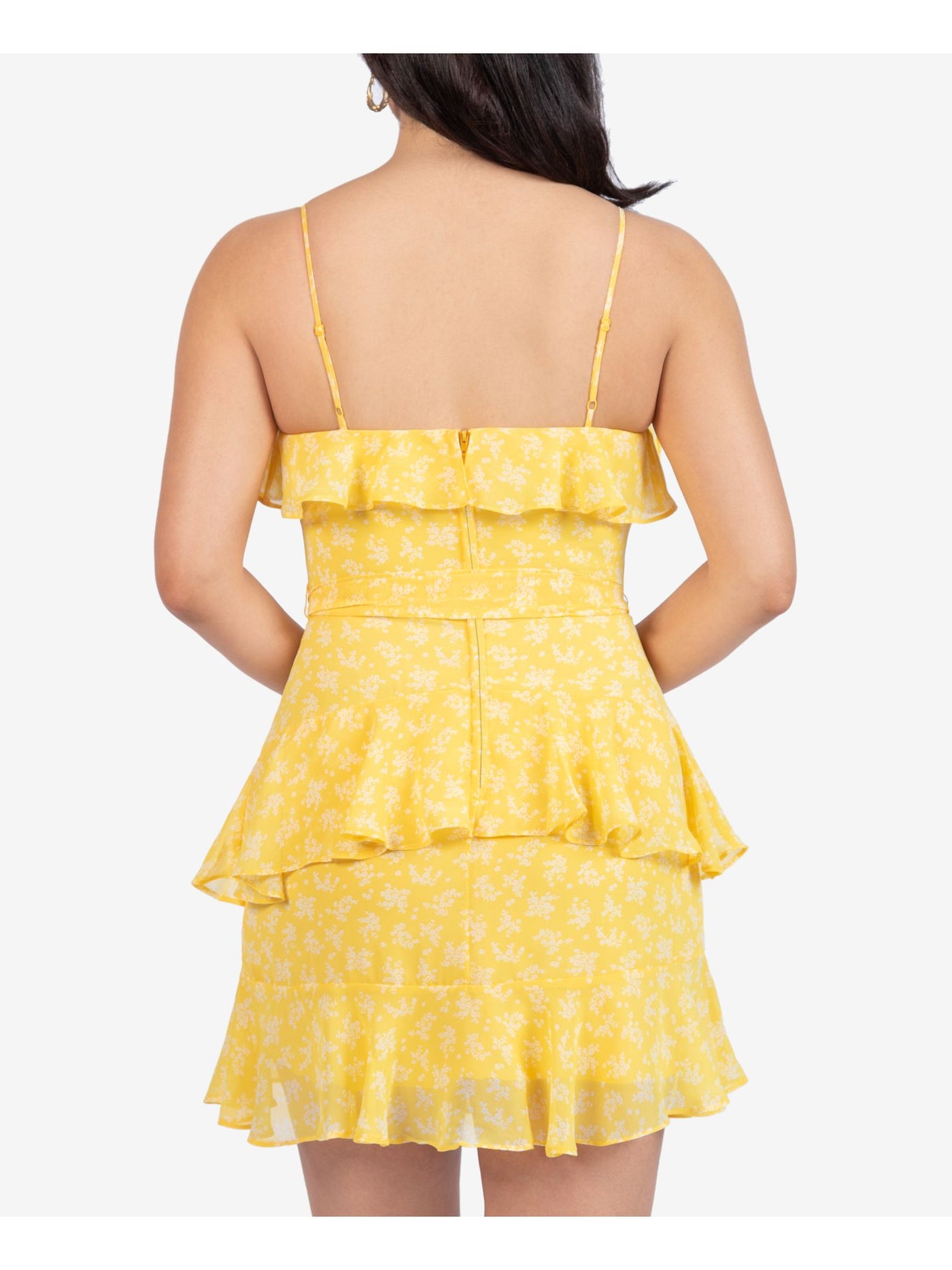 B DARLIN Womens Yellow Ruffled Tie Printed Spaghetti Strap V Neck Mini Party A-Line Dress 3\4