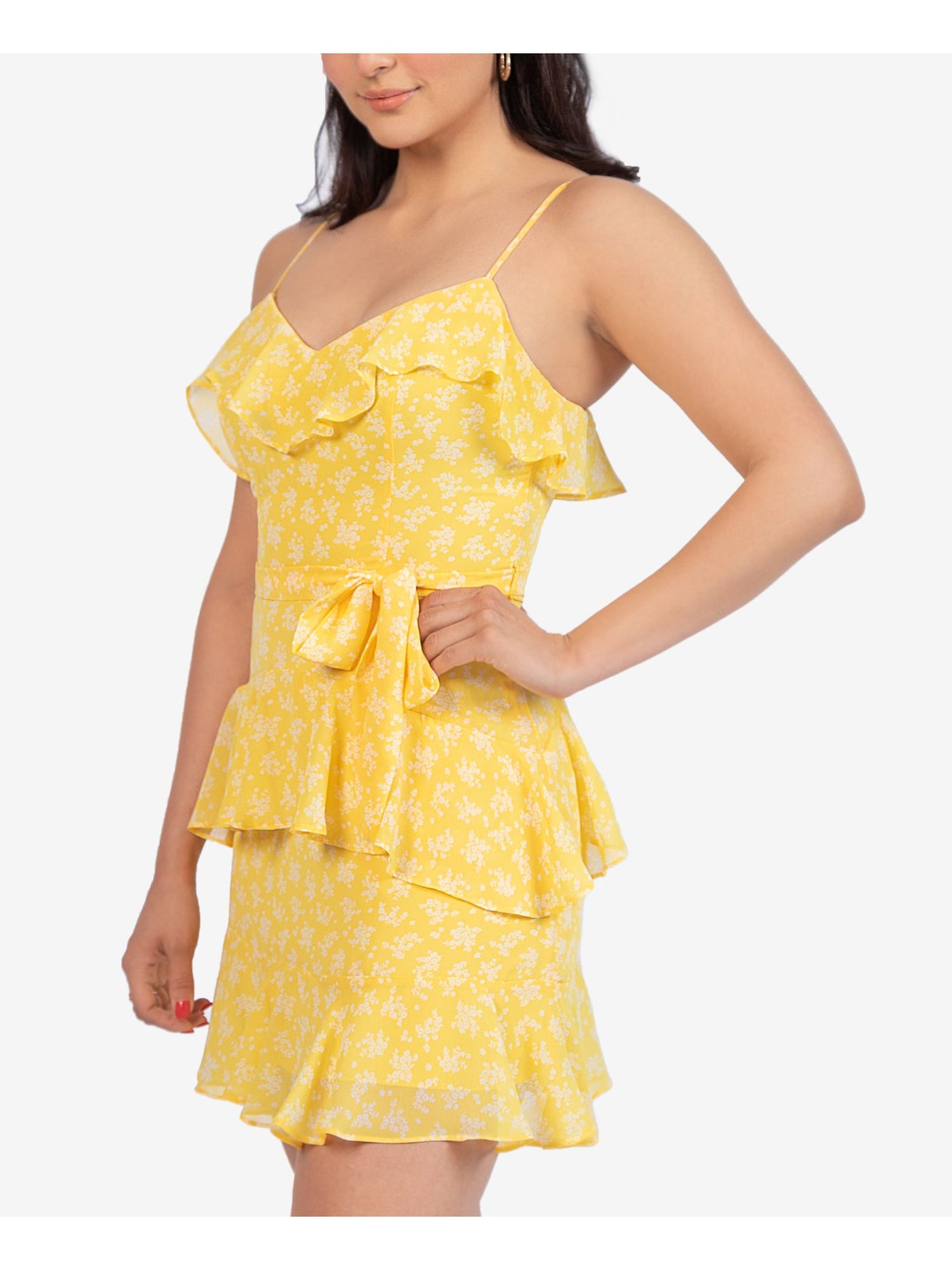 B DARLIN Womens Yellow Ruffled Tie Printed Spaghetti Strap V Neck Mini Party A-Line Dress 3\4