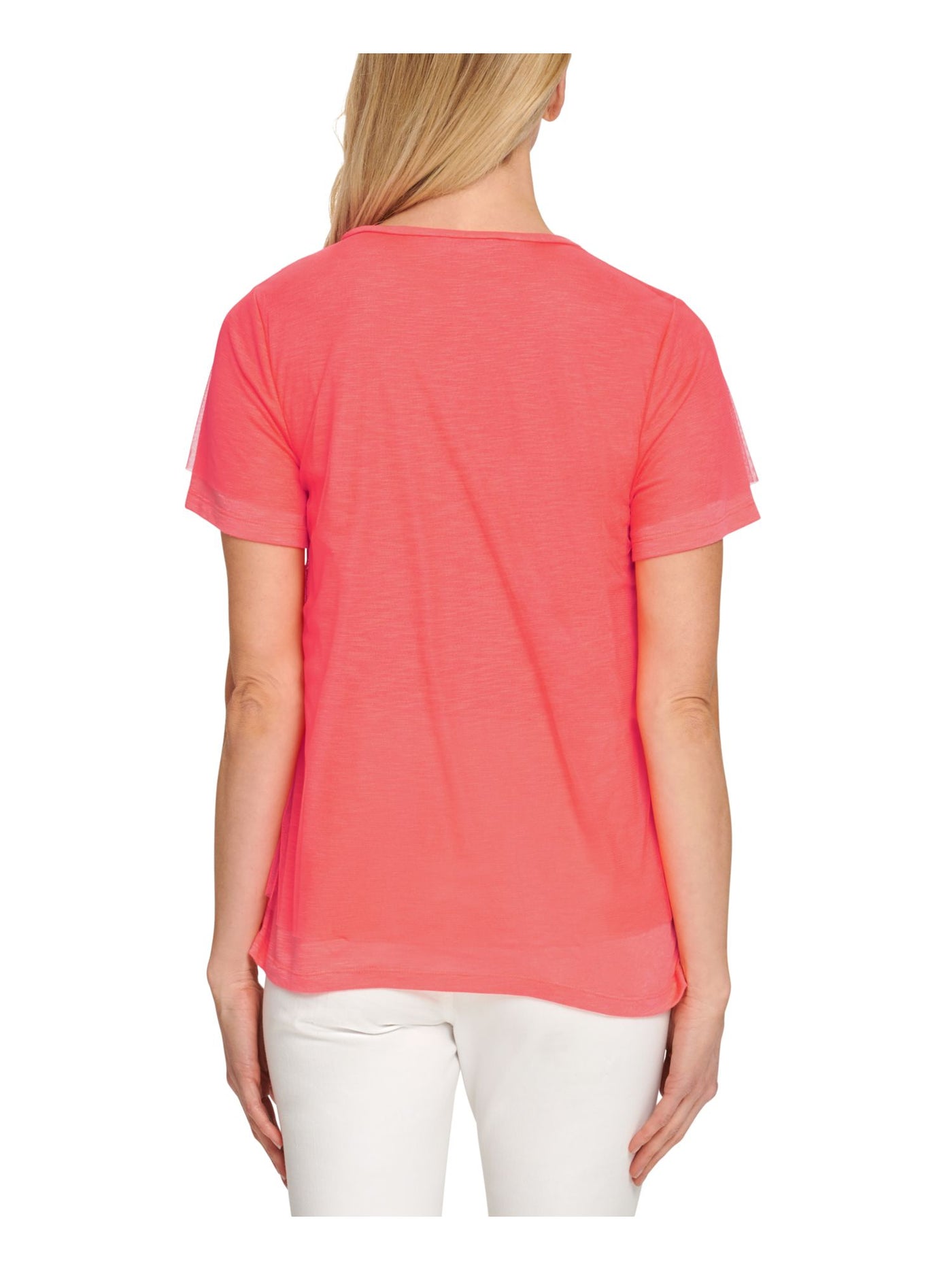 DKNY Womens Coral Textured Sheer Mesh Overlay Short Sleeve Scoop Neck Top S