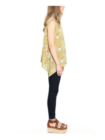 MICHAEL KORS Womens Yellow Paisley Sleeveless Point Collar Button Up Top Petites PL