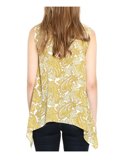 MICHAEL KORS Womens Yellow Paisley Sleeveless Point Collar Button Up Top Petites PL