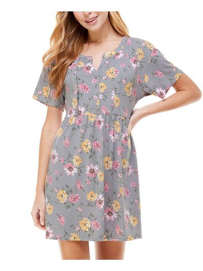 KINGSTON GREY Womens Gray Floral Short Sleeve Mini Fit + Flare Dress S