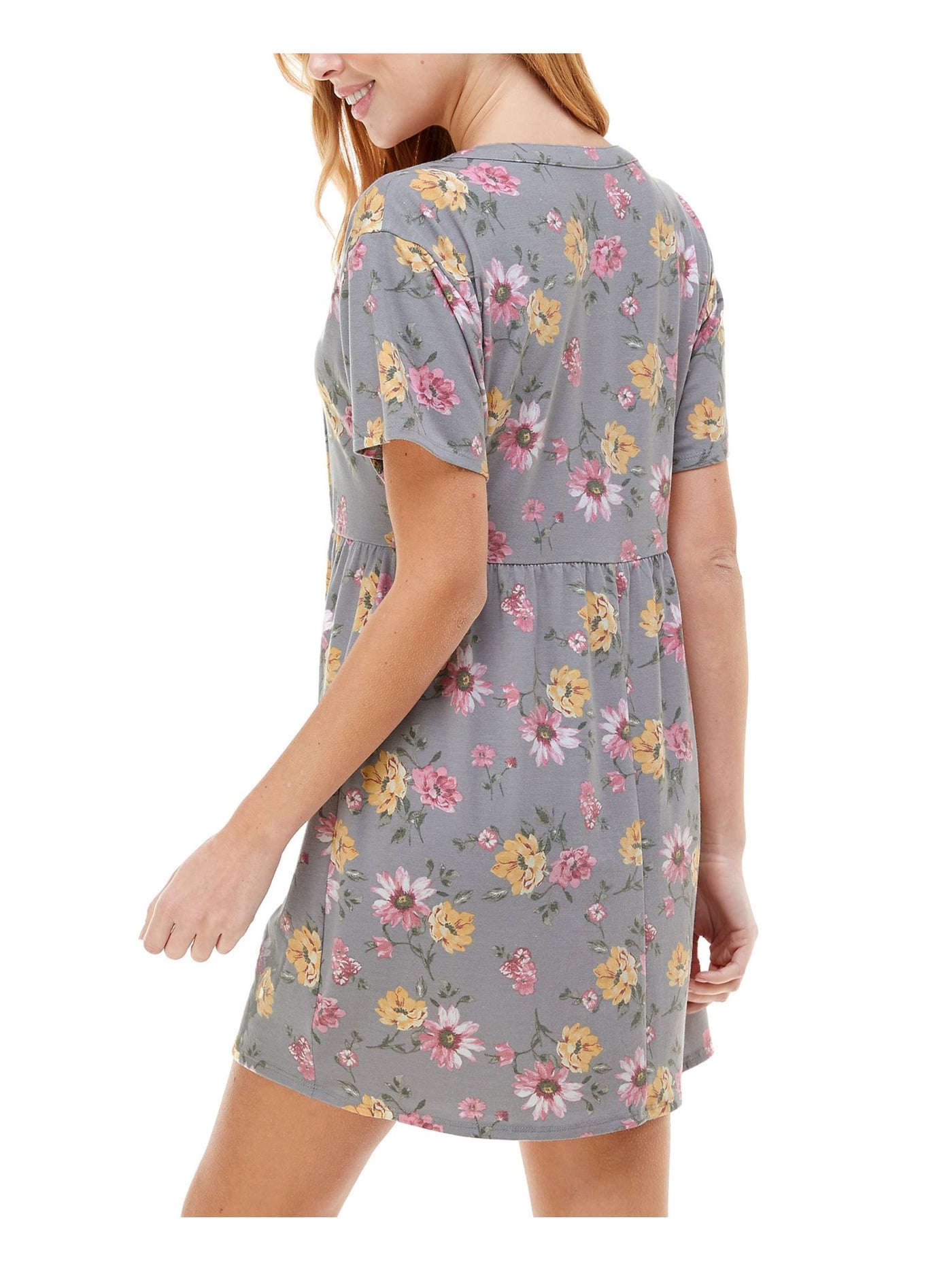 KINGSTON GREY Womens Gray Floral Short Sleeve Mini Fit + Flare Dress XXS