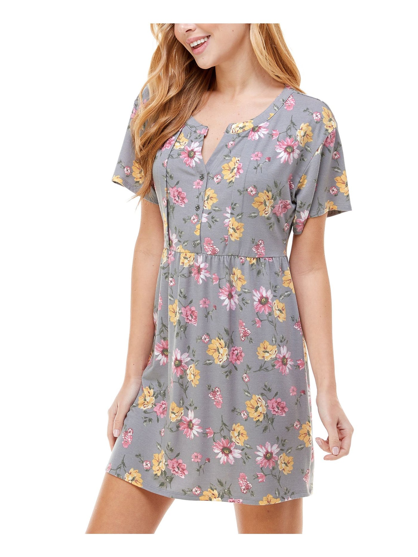KINGSTON GREY Womens Gray Floral Short Sleeve Mini Fit + Flare Dress S