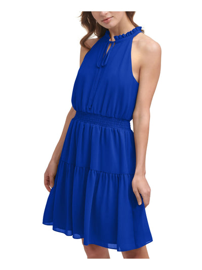 VINCE CAMUTO Womens Blue Ruffled Keyhole Sleeveless Halter Above The Knee Party Fit + Flare Dress Petites 4P