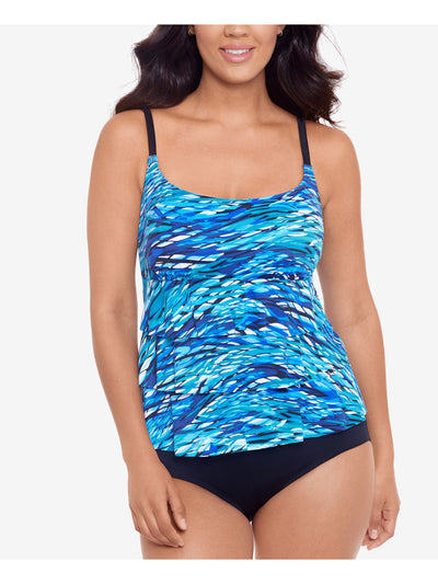 SWIM SOLUTIONS Women's Blue Patterned Stretch Tummy Control Lined Tiered Adjustable Fixed Cups Scoop Neck One Piece Swimsuit 8