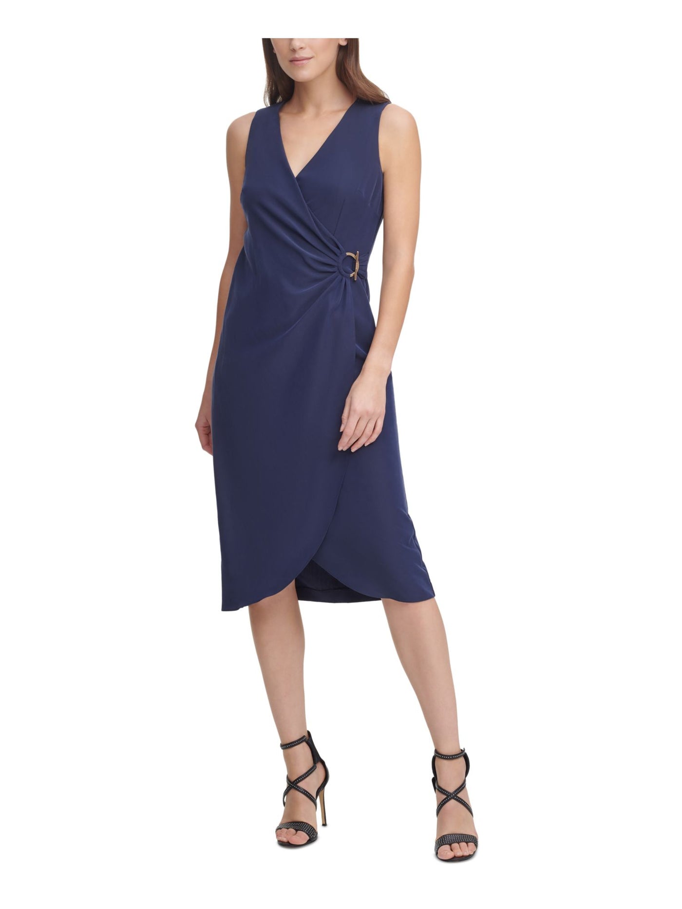 DKNY Womens Stretch Zippered Pleated Gathered Hardware-detail Sleeveless Surplice Neckline Knee Length Wear To Work Faux Wrap Dress