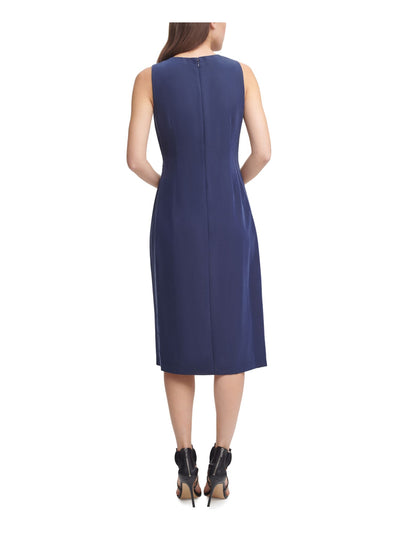 DKNY Womens Navy Stretch Zippered Pleated Gathered Hardware-detail Sleeveless Surplice Neckline Knee Length Wear To Work Faux Wrap Dress 2