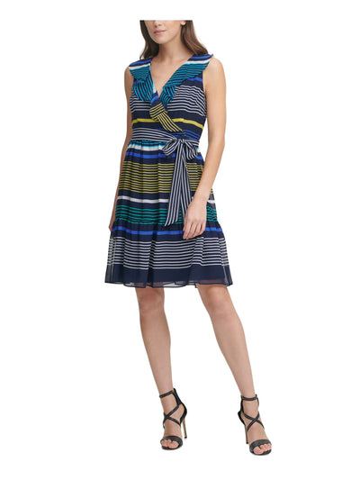 DKNY Womens Ruffled Zippered Belted Lined Sleeveless Surplice Neckline Above The Knee Wear To Work Fit + Flare Dress