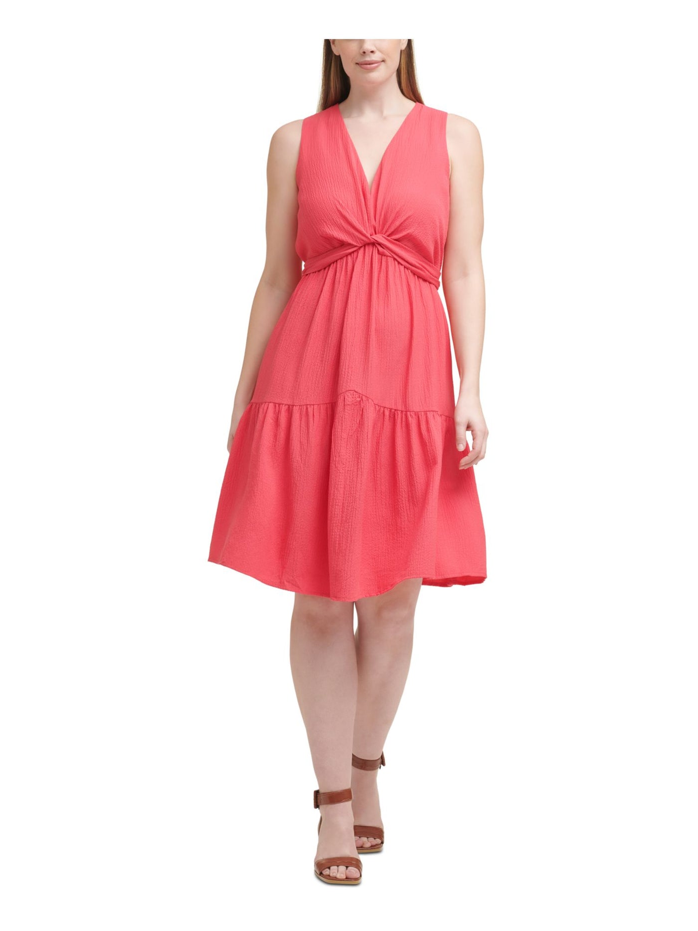 CALVIN KLEIN Womens Coral Stretch Textured Zippered Twist-detail Back Tie Belt Sleeveless V Neck Above The Knee Wear To Work Fit + Flare Dress Plus 14W