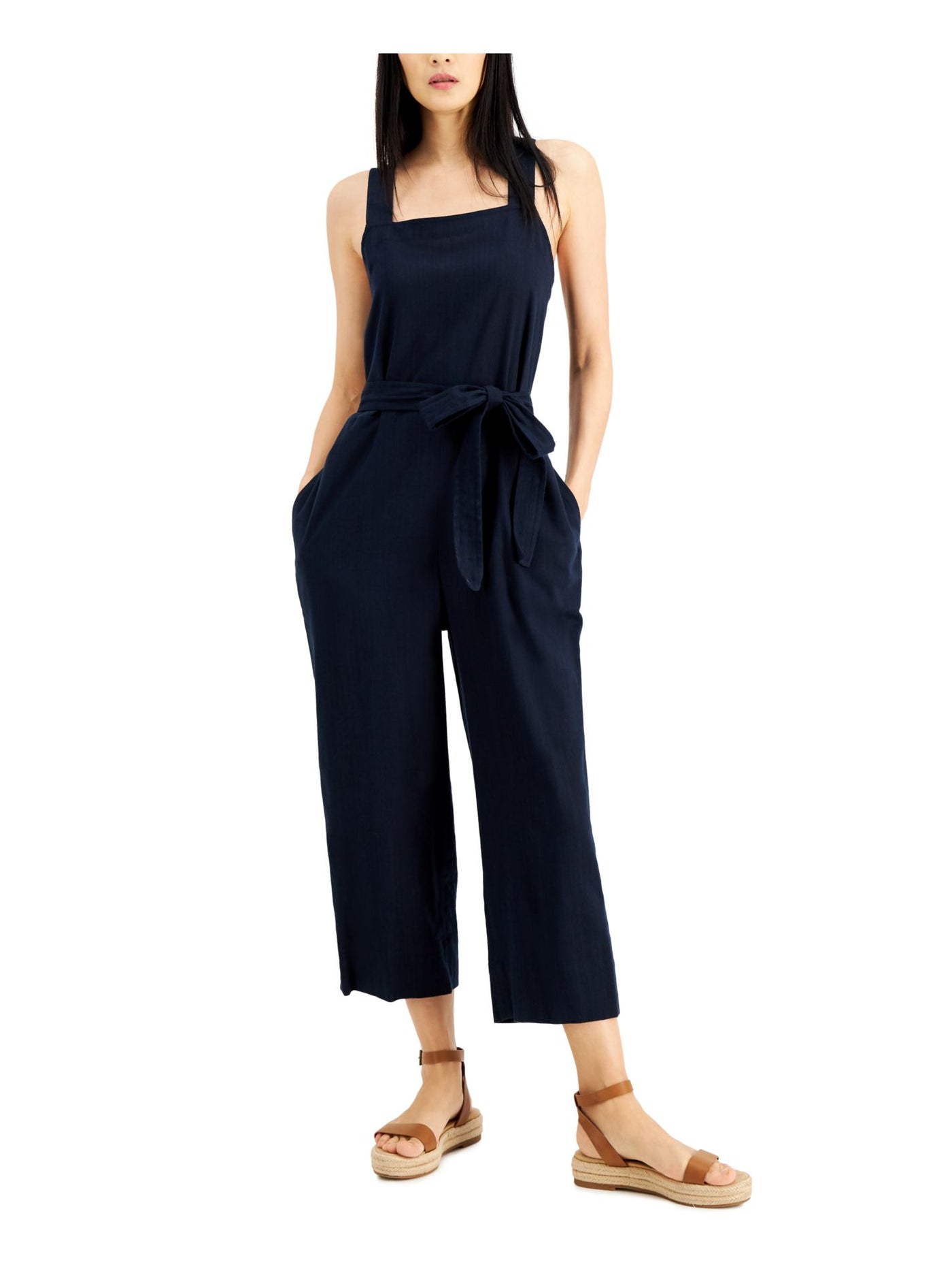 INC DRESSES Womens Navy Pocketed Belted Unlined Sleeveless Square Neck Wide Leg Jumpsuit 12