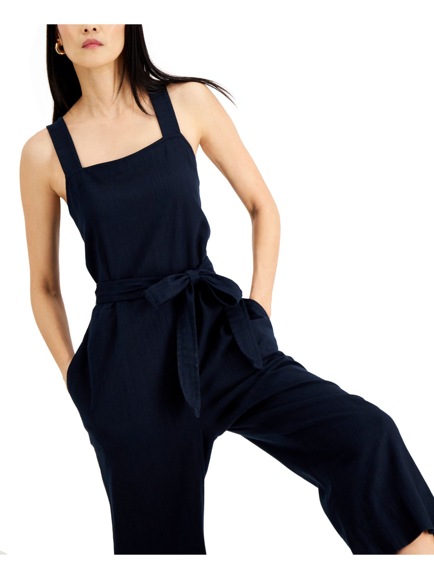 INC DRESSES Womens Navy Pocketed Belted Unlined Sleeveless Square Neck Wide Leg Jumpsuit 12