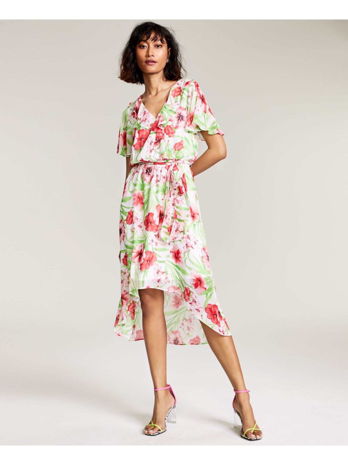BAR III DRESSES Womens Ivory Ruffled Chiffon Tie-belt Floral Flutter Sleeve Surplice Neckline Midi Party Hi-Lo Dress XS