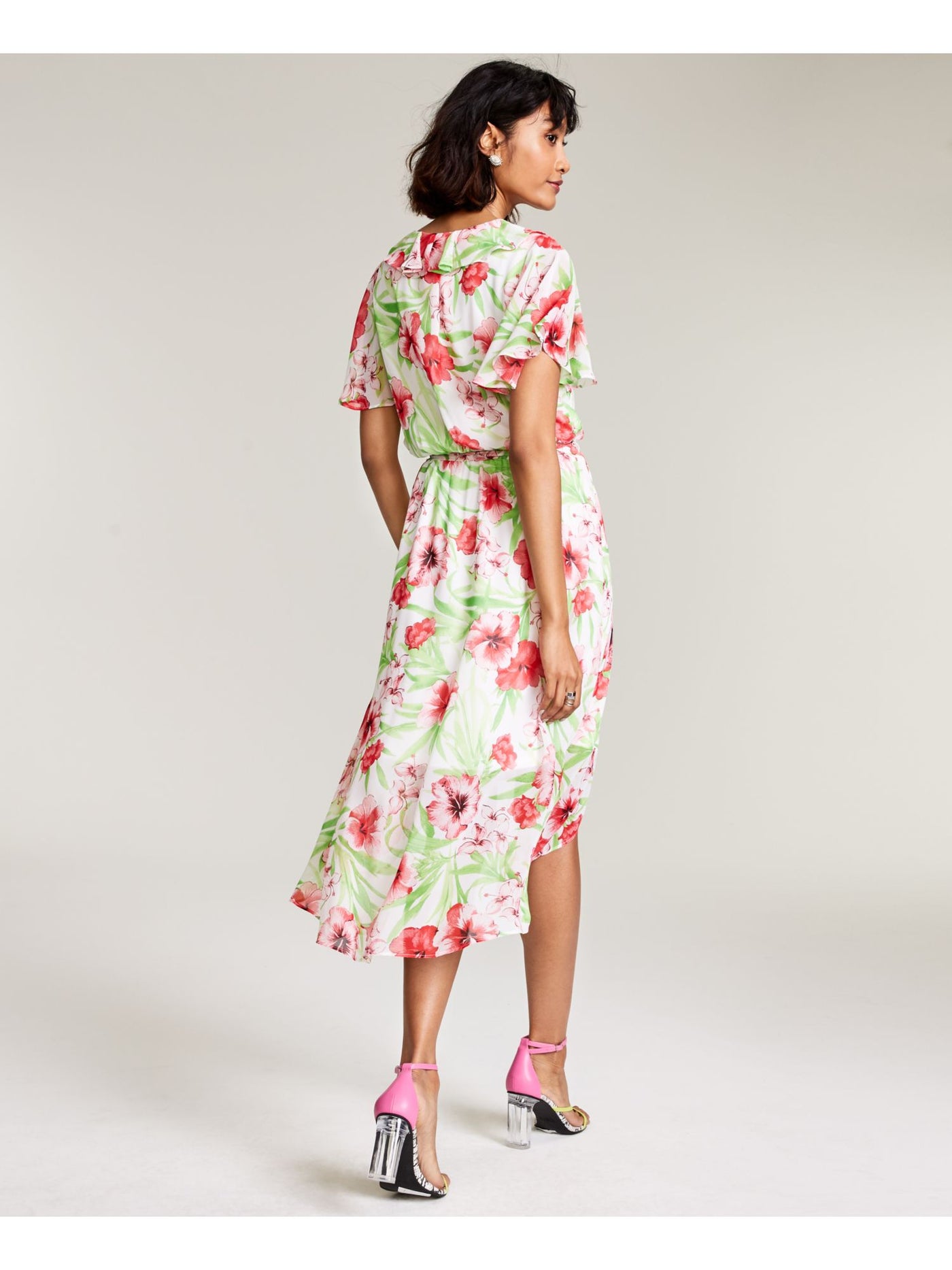 BAR III DRESSES Womens White Ruffled Chiffon Tie-belt Floral Flutter Sleeve Surplice Neckline Midi Party Hi-Lo Dress M