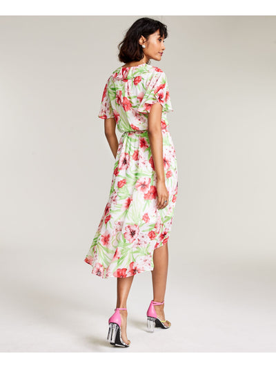 BAR III DRESSES Womens White Ruffled Chiffon Tie-belt Floral Flutter Sleeve Surplice Neckline Midi Party Hi-Lo Dress M
