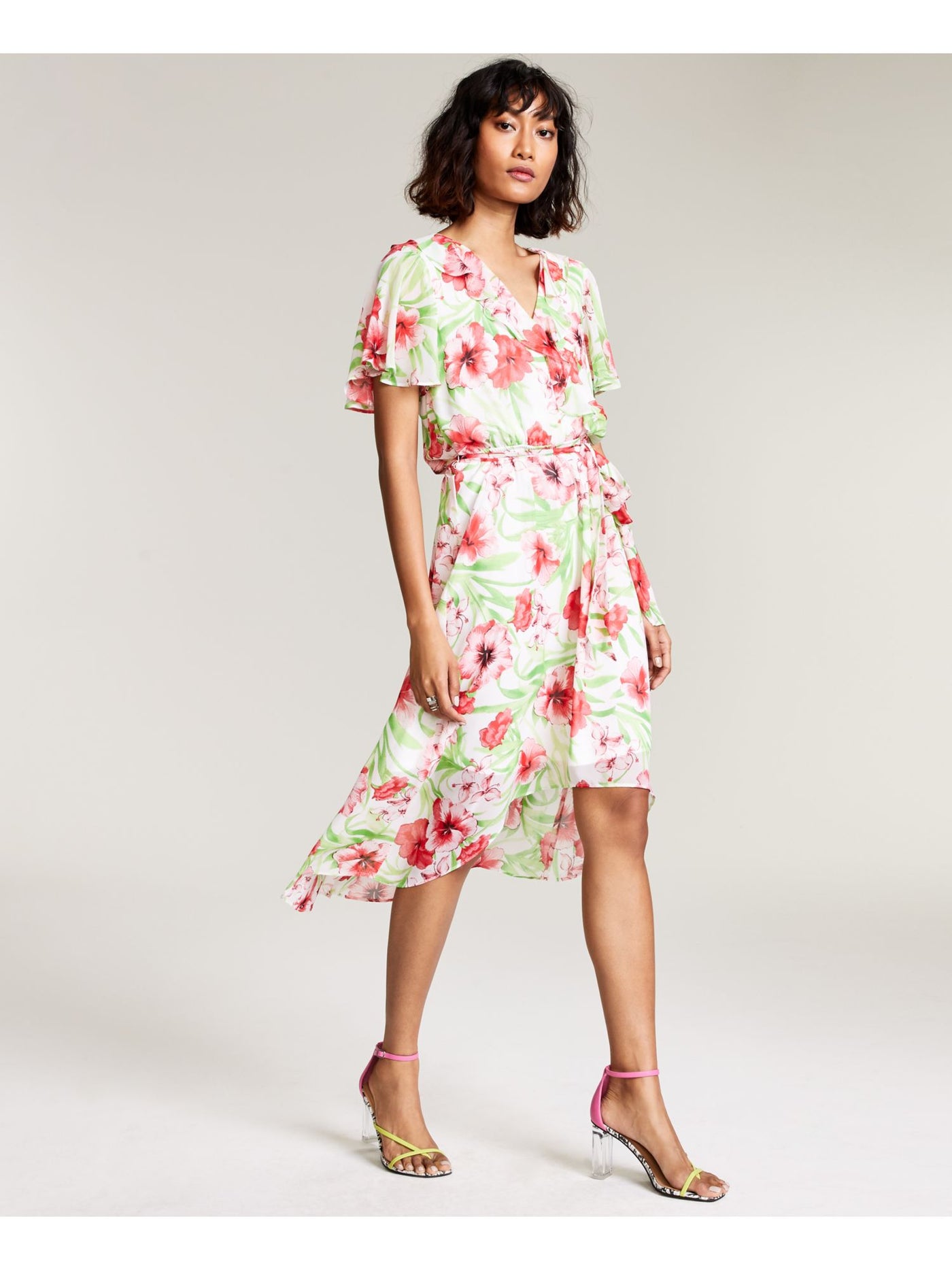 BAR III DRESSES Womens White Ruffled Chiffon Tie-belt Floral Flutter Sleeve Surplice Neckline Midi Party Hi-Lo Dress M