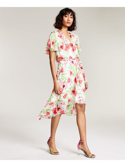 BAR III DRESSES Womens White Ruffled Chiffon Tie-belt Floral Flutter Sleeve Surplice Neckline Midi Party Hi-Lo Dress M