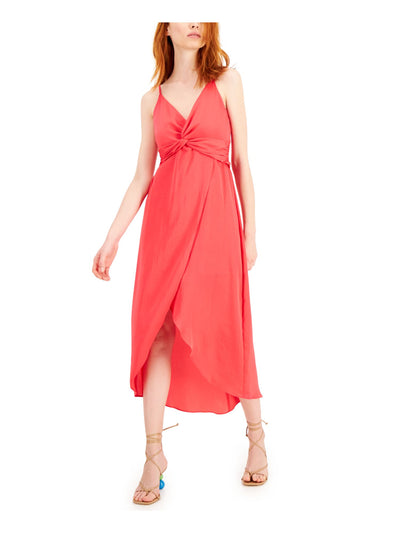 BAR III Womens Pink Twist Front Zippered Spaghetti Strap Surplice Neckline Midi Faux Wrap Dress XS