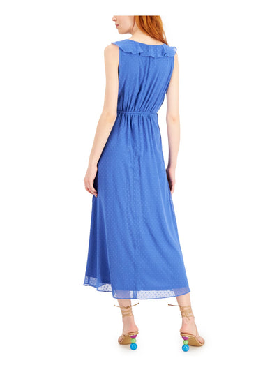 INC DRESS Womens Blue Zippered Belted Ruffled Neckline Sleeveless V Neck Maxi Fit + Flare Dress 16