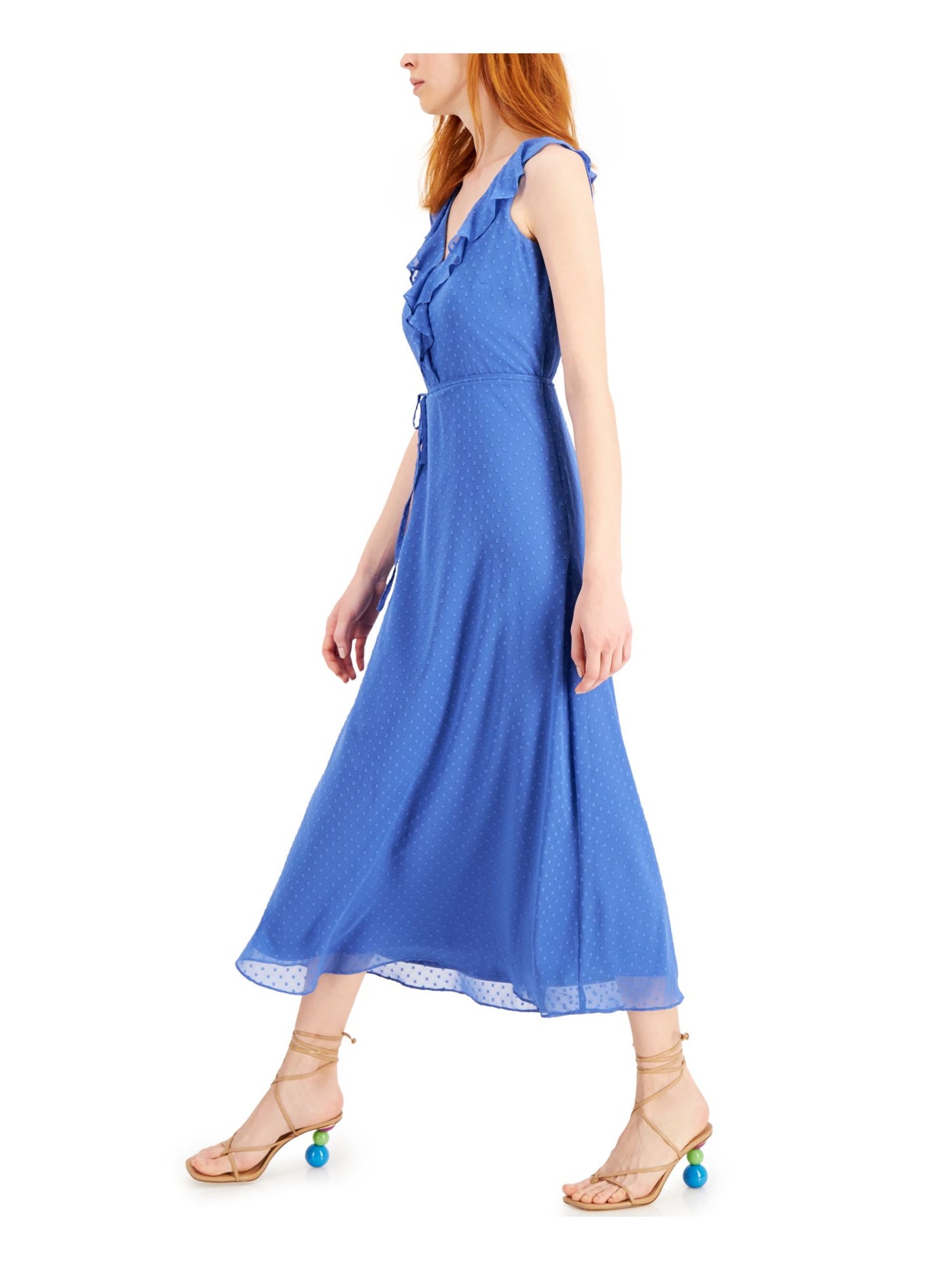 INC DRESS Womens Blue Zippered Belted Ruffled Neckline Sleeveless V Neck Maxi Fit + Flare Dress 16