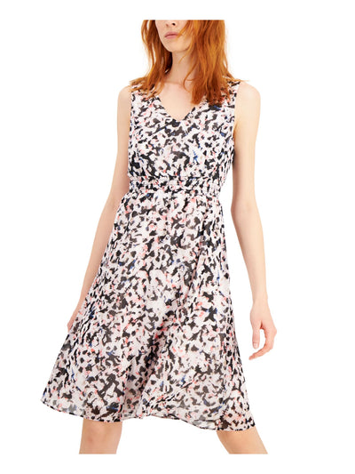 INC DRESS Womens Pink Stretch Smocked Printed V Neck Above The Knee Cocktail Fit + Flare Dress 12