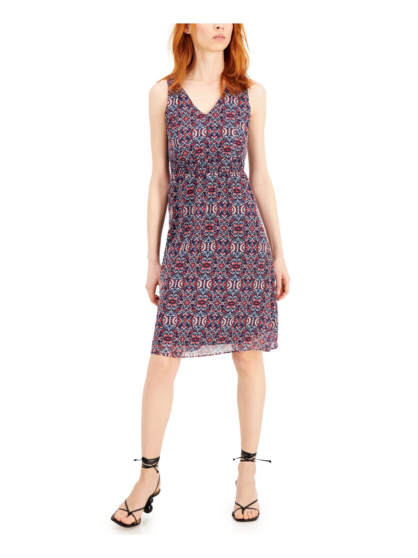 INC DRESS Womens Navy Stretch Zippered Smocked Lined Printed V Neck Above The Knee Evening Sheath Dress 16