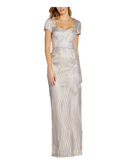 ADRIANNA PAPELL Womens Beige Zippered Slitted Lined Printed Short Sleeve Queen Anne Neckline Full-Length Formal Gown Dress 4