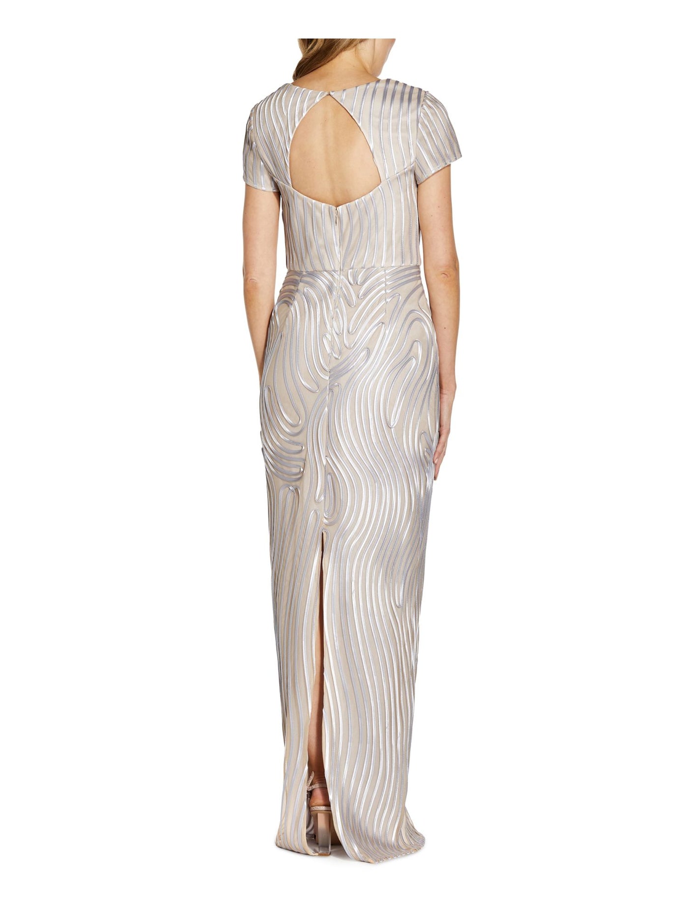 ADRIANNA PAPELL Womens Beige Zippered Slitted Lined Printed Short Sleeve Queen Anne Neckline Full-Length Formal Gown Dress 4