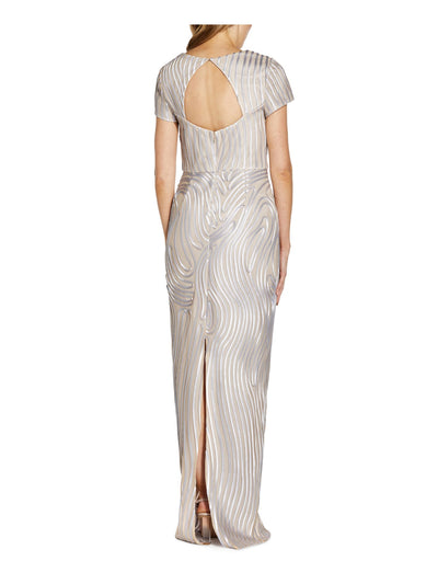ADRIANNA PAPELL Womens Beige Zippered Slitted Lined Printed Short Sleeve Queen Anne Neckline Full-Length Formal Gown Dress 4