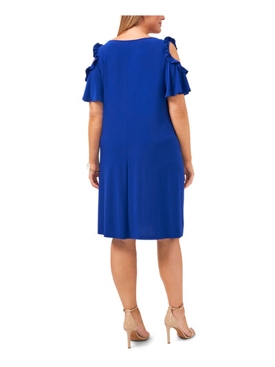 MSK Womens Blue Stretch Cold Shoulder Ruffled Pullover Styling Jersey Knit Flutter Sleeve V Neck Above The Knee Evening Fit + Flare Dress Plus 3X