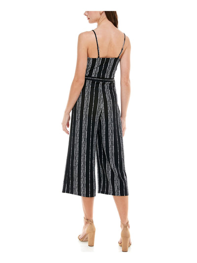 ALMOST FAMOUS Womens Black Stretch Belted Cropped Striped Spaghetti Strap Sweetheart Neckline Evening Wide Leg Jumpsuit S