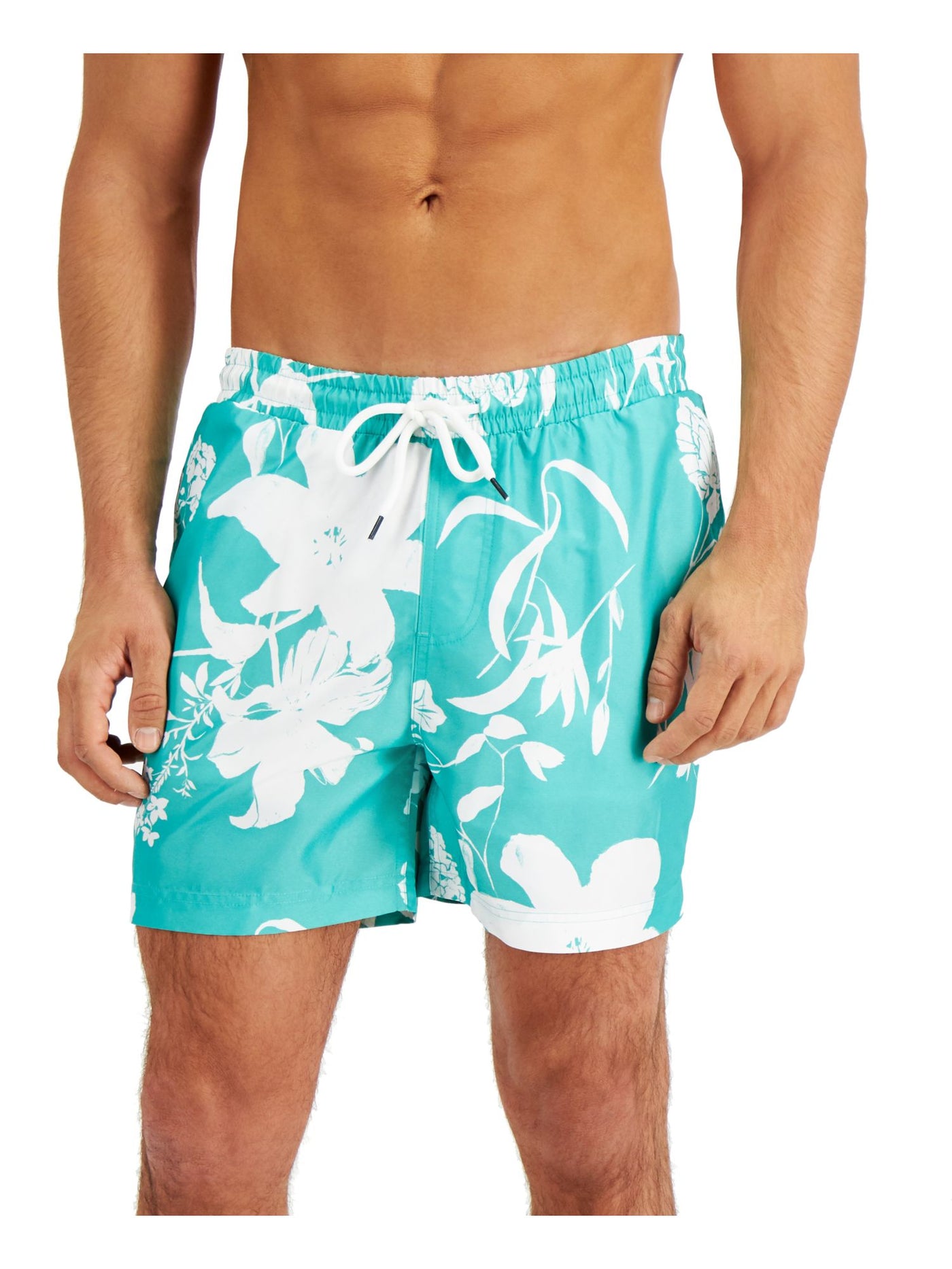 INC Mens Green Drawstring, Floral Regular Fit Swim Trunks S