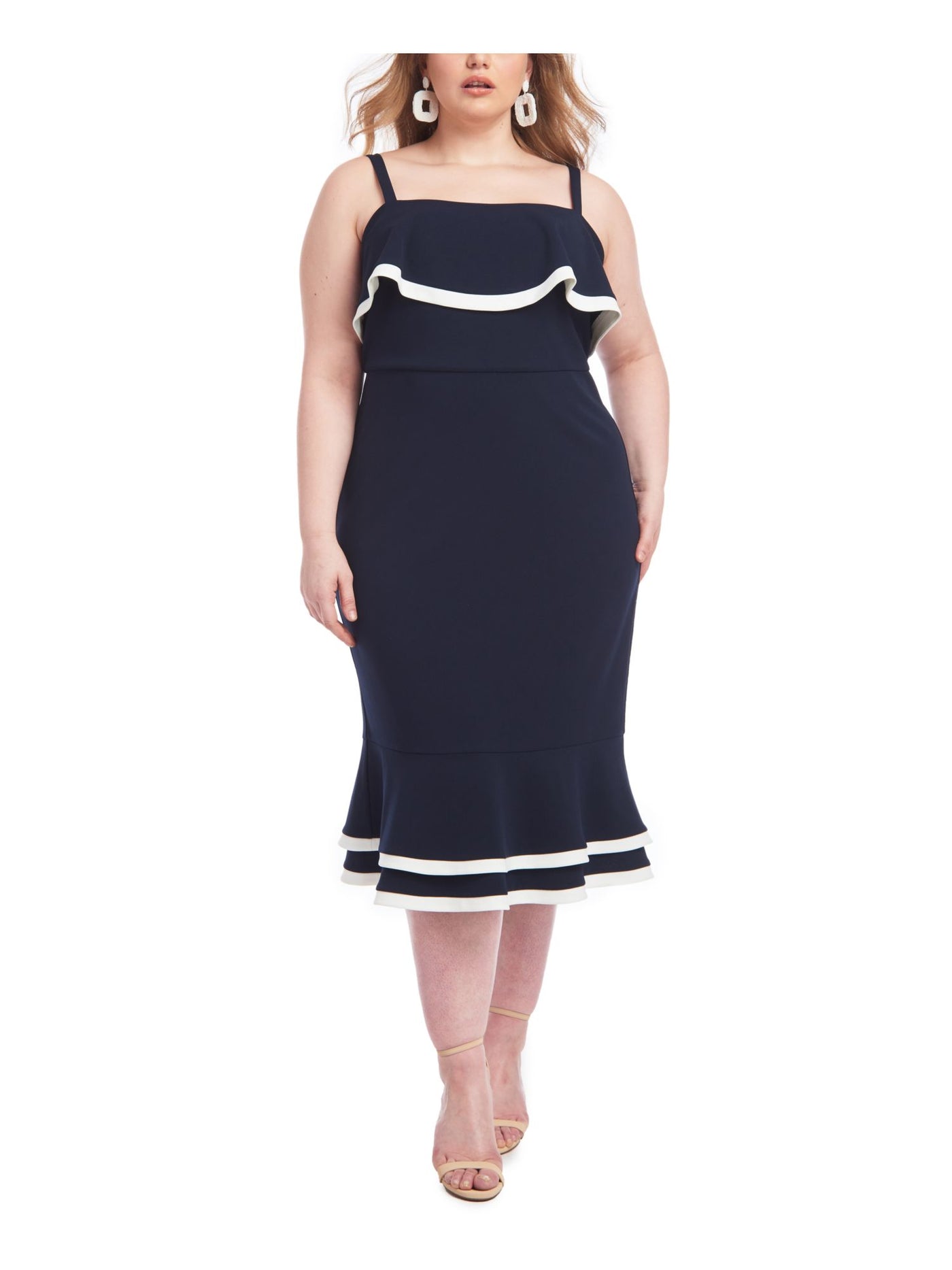 CHRISTIAN SIRIANO Womens Navy Stretch Zippered Fitted Ruffled Spaghetti Strap Square Neck Midi Party Sheath Dress XS