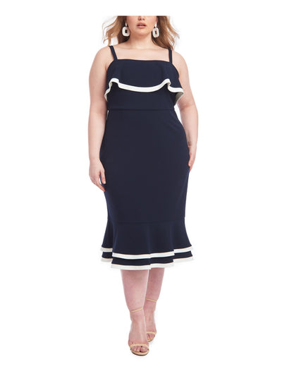 CHRISTIAN SIRIANO Womens Navy Stretch Zippered Fitted Ruffled Spaghetti Strap Square Neck Midi Party Sheath Dress XS