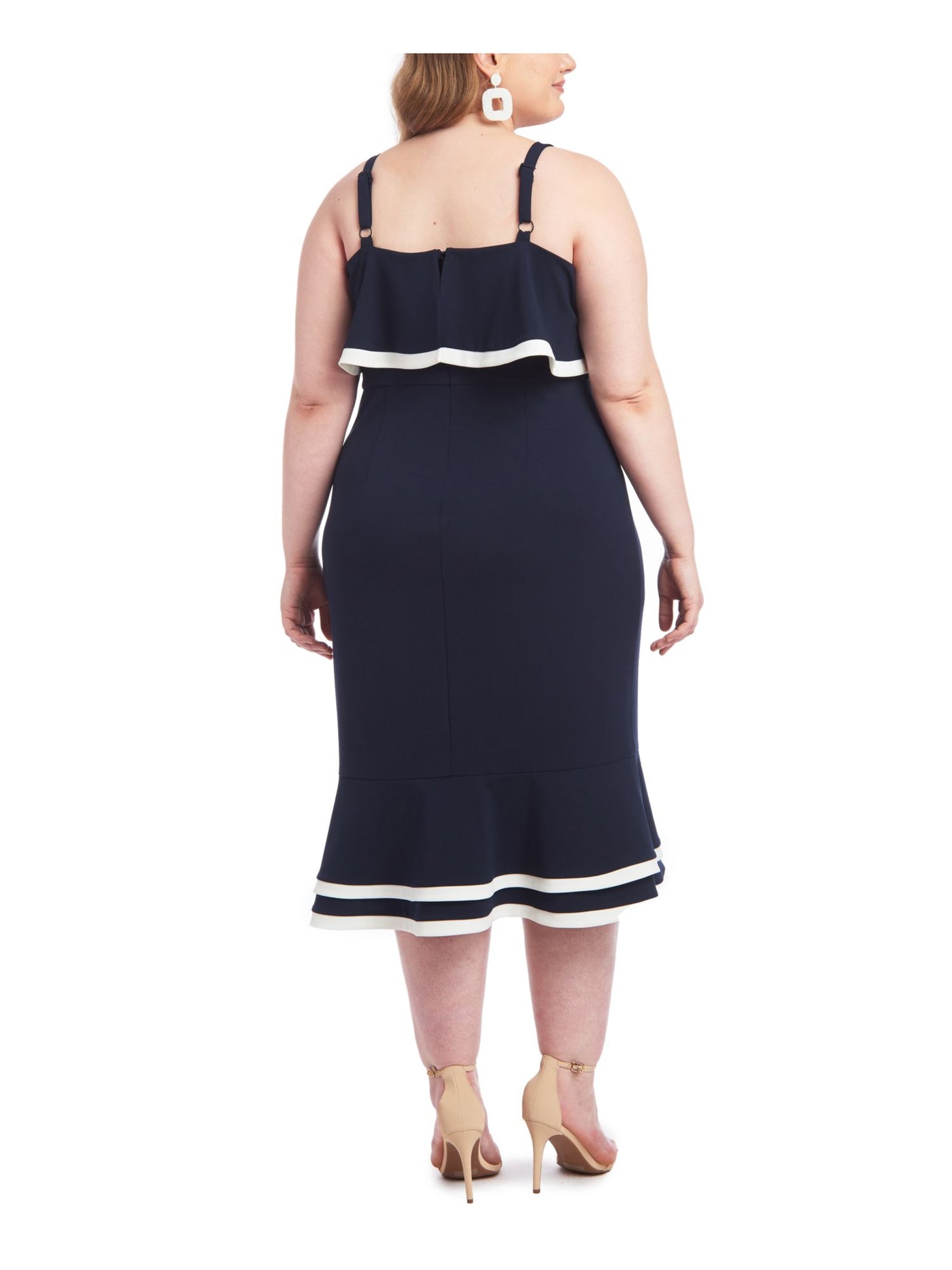 CHRISTIAN SIRIANO Womens Navy Stretch Zippered Fitted Ruffled Spaghetti Strap Square Neck Midi Party Sheath Dress XS