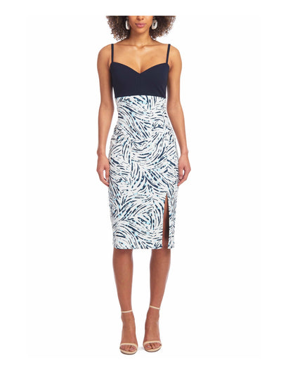 CHRISTIAN SIRIANO Womens Navy Zippered Slitted Adjustable Straps Printed Spaghetti Strap Sweetheart Neckline Below The Knee Evening Sheath Dress XS