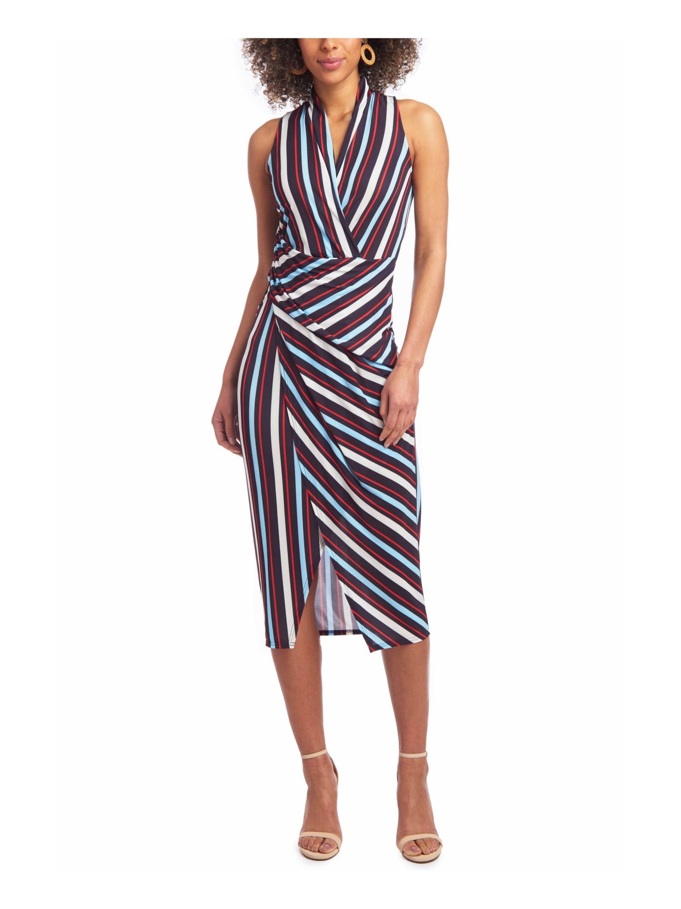RACHEL RACHEL ROY Womens Navy Stretch Gathered Draped Striped Sleeveless Surplice Neckline Midi Party Faux Wrap Dress XS