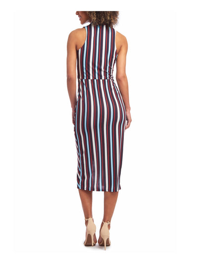 RACHEL RACHEL ROY Womens Navy Stretch Gathered Draped Striped Sleeveless Surplice Neckline Midi Party Faux Wrap Dress XS