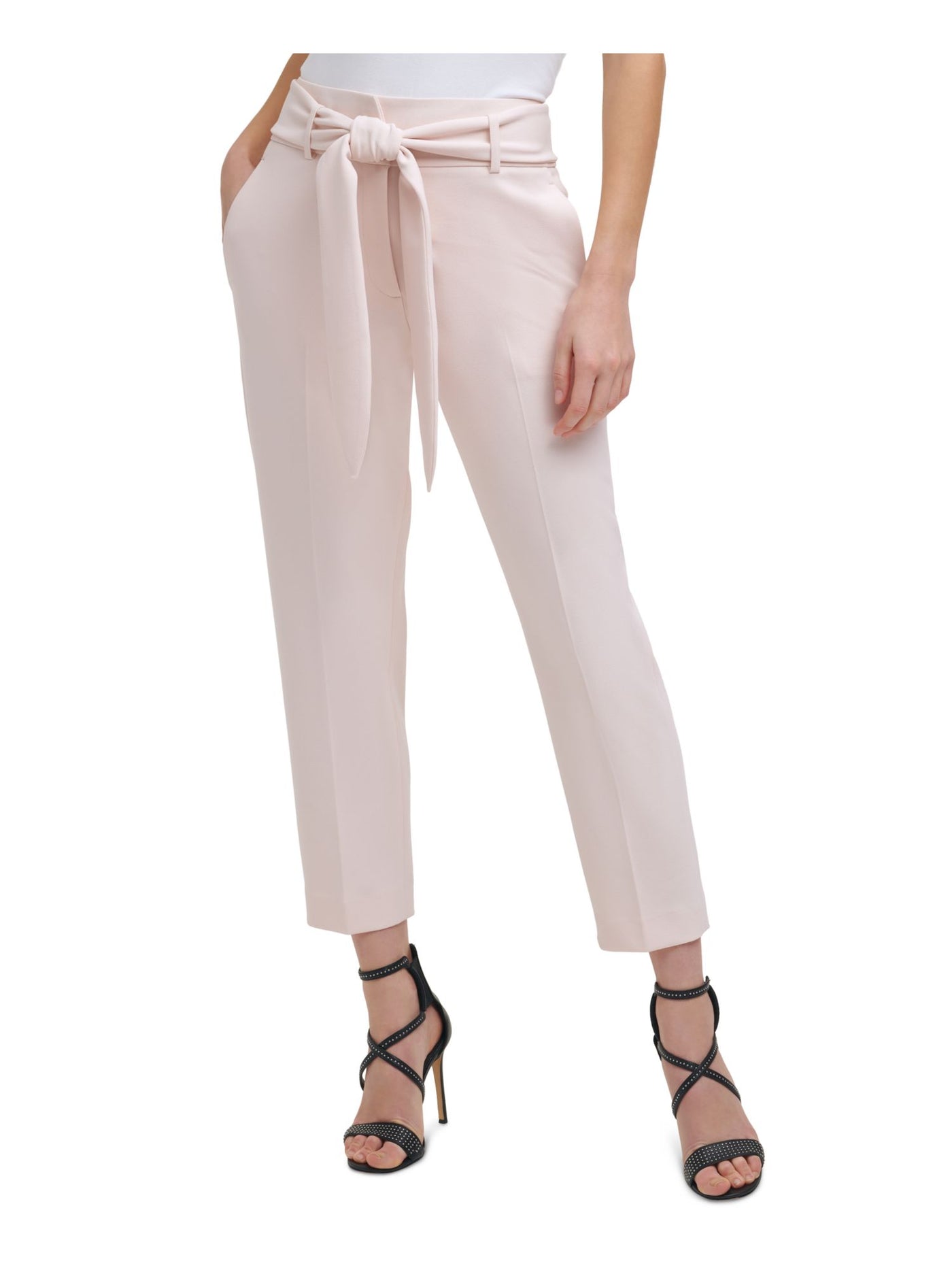 DKNY Womens Pink Stretch Belted Pocketed Hook And Eye Closure Wear To Work High Waist Pants 14