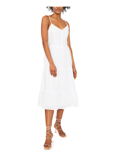 RILEY&RAE Womens White Smocked Eyelet Adjustable Straps  Shirred Tiers Spaghetti Strap V Neck Midi Fit + Flare Dress 6