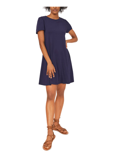 RILEY&RAE Womens Navy Stretch Ruched Pouf Sleeve Crew Neck Above The Knee Shift Dress XS