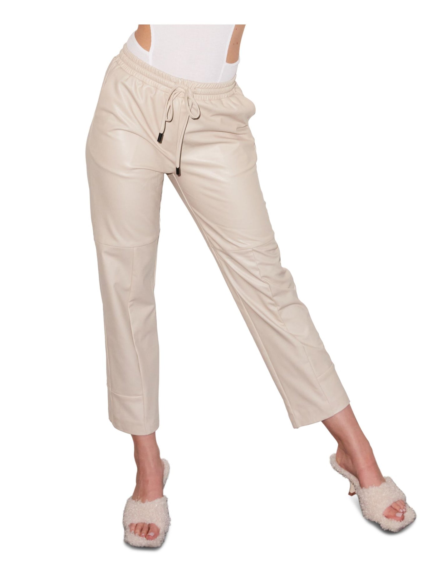 LNA CLOTHING Womens Beige Faux Leather Tie Pocketed Drawstring Waist Cropped Pants S