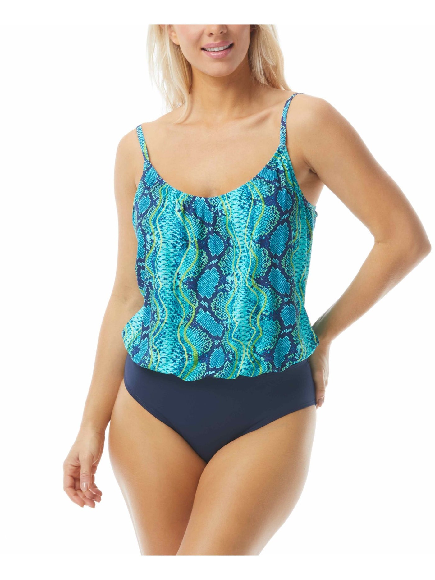 CONTOURS Women's Blue Printed Stretch Adjustable Straps Lined Blouson Full Coverage Amaris Scoop Neck One Piece Swimsuit 16 40C\D