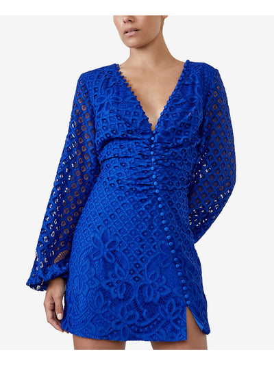 BARDOT Womens Stretch Zippered Lace Button-detail Balloon Sleeve V Neck Micro Mini Cocktail Sheath Dress