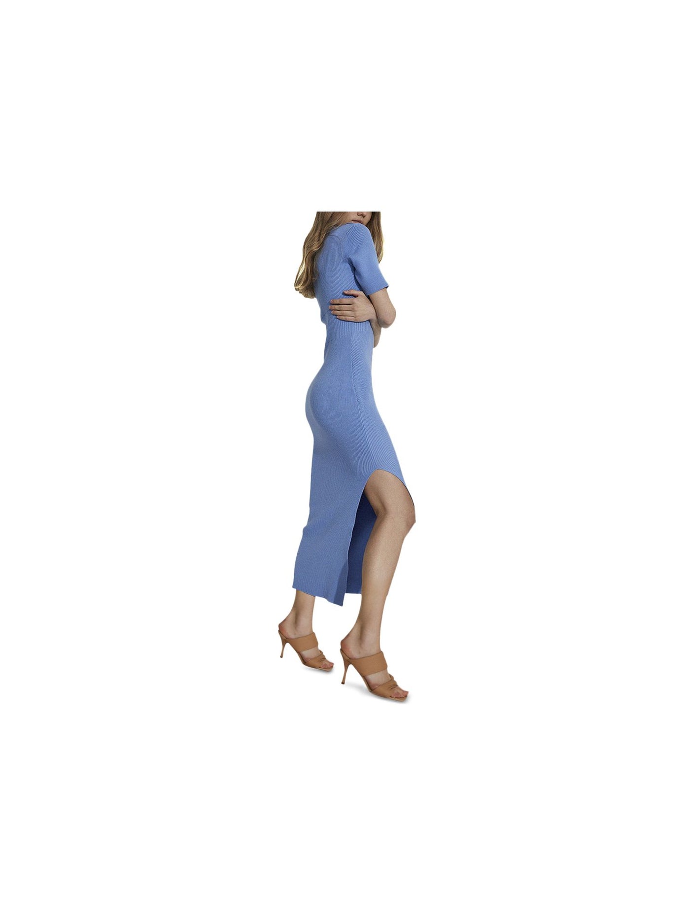 BARDOT Womens Blue Ribbed Collared Elongated Side Split Elbow Sleeve V Neck Maxi Sheath Dress XL