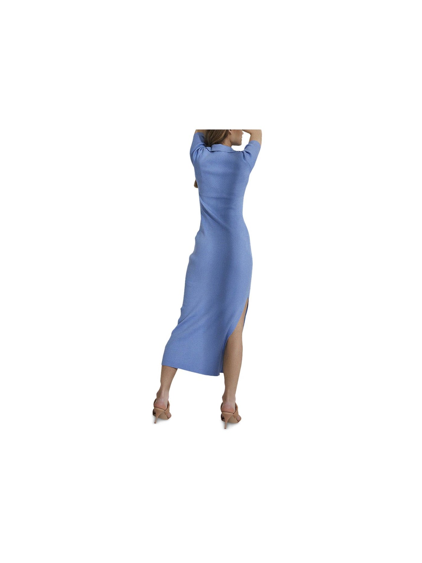 BARDOT Womens Blue Ribbed Collared Elongated Side Split Elbow Sleeve V Neck Maxi Sheath Dress XL