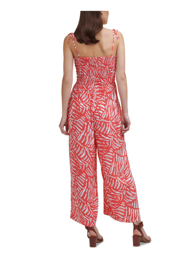 CALVIN KLEIN Womens Coral Smocked Tie Printed Spaghetti Strap Square Neck Cropped Jumpsuit 10