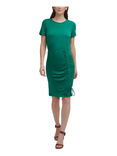 CALVIN KLEIN Womens Green Stretch Ruched Tie Pullover Styling Short Sleeve Round Neck Short Evening Sheath Dress 12