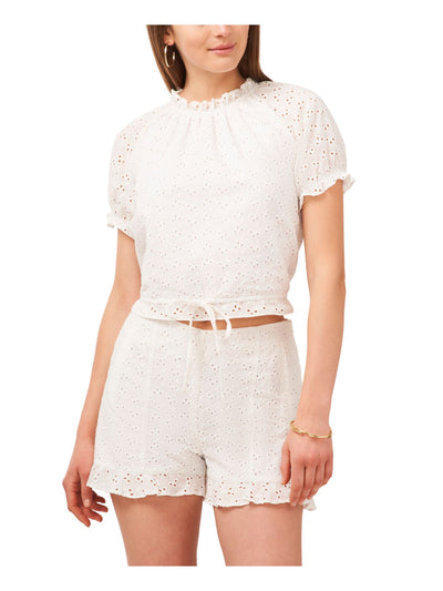 1. STATE Womens White Eyelet Ruffled Lined Tie At Waist Puff Sleeve Raglan Sleeve Round Neck Crop Top L